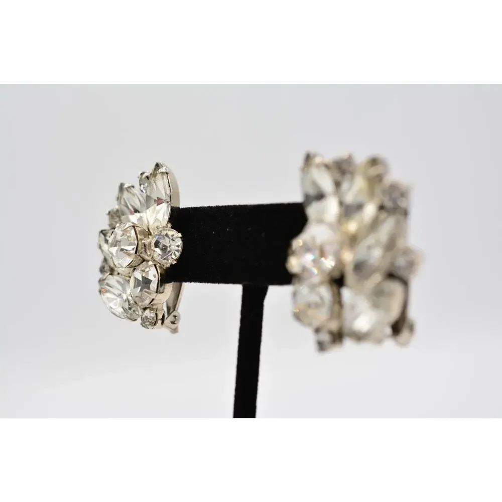 Vintage Crystal Clip Pm Earrings Shiny Rhinestone Marquise Silver 1980s BinAA